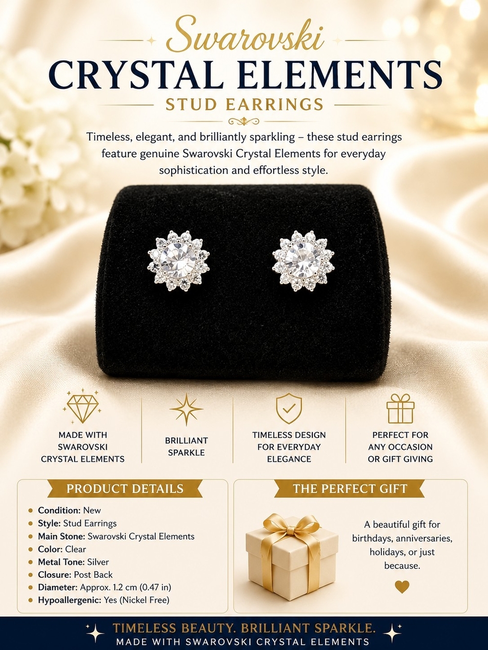 Clear Crystal Floral Stud Earrings - Silver Tone Style 1